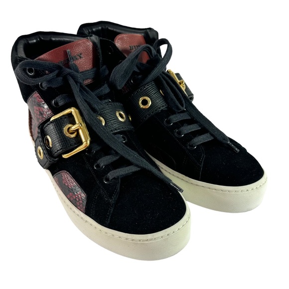 BURBERRY Black & Burgundy Leather Snake Print Buckle Women's Sneakers 38.5-8.5US - Picture 5 of 12